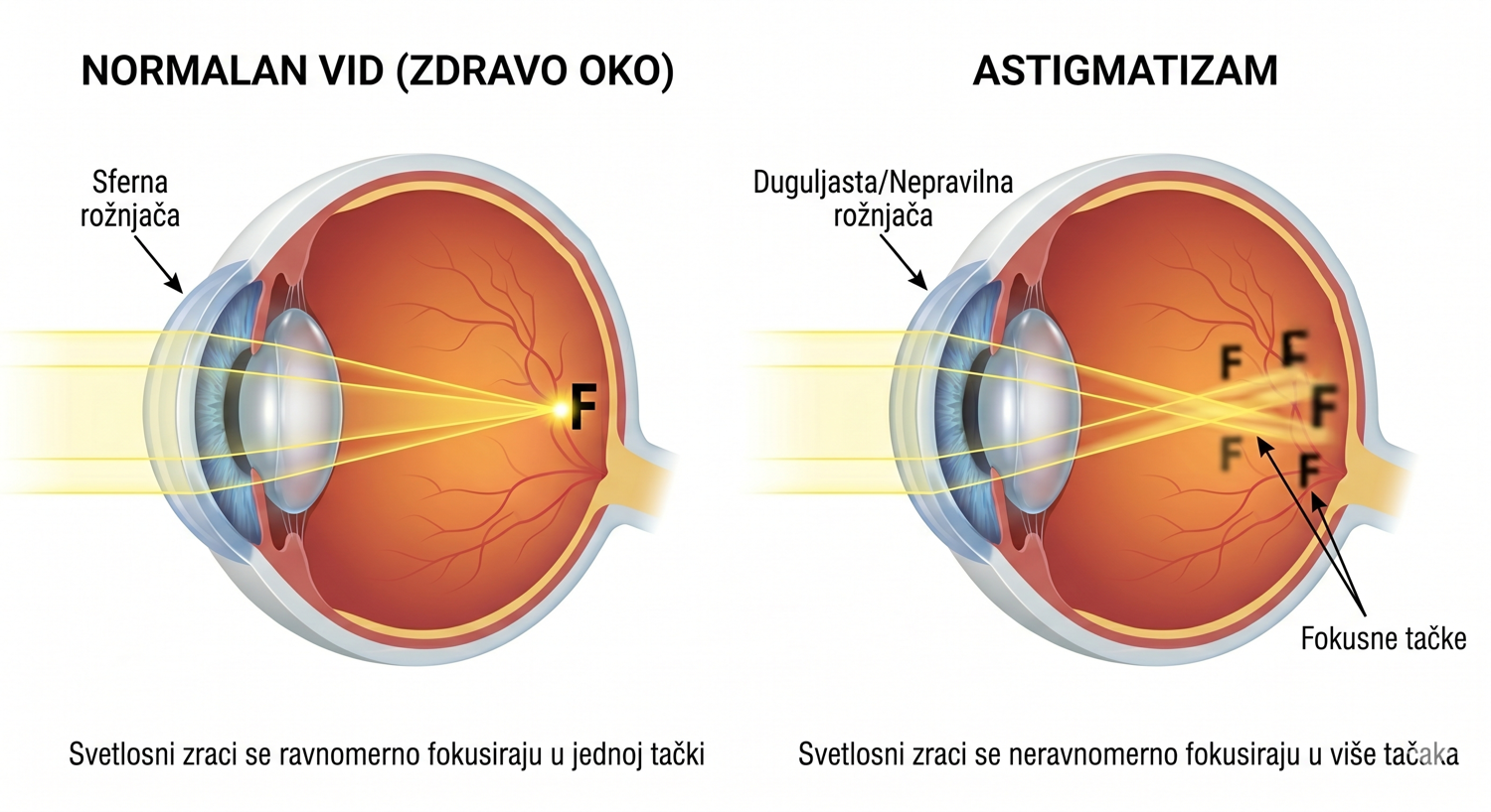 Ilustracija koja pokazuje na koji način se zdravo oko razlikuje od oka sa astigmatizmom